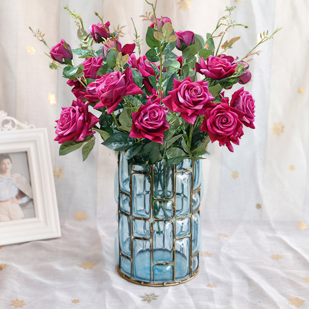 Soga Blue Glass Cylinder Flower Vase With 8 Bunch 5 Heads Artificial Fake Silk Rose Home Decor Set, Home &Amp; Living, Home Decor, Vases, , ,  - Nz Depot 5