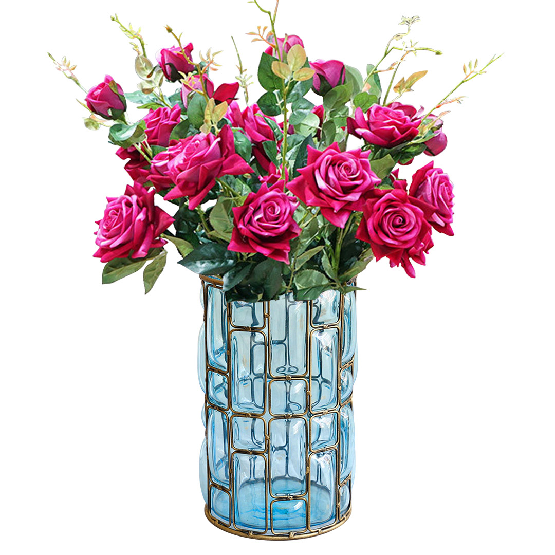 Soga Blue Glass Cylinder Flower Vase With 8 Bunch 5 Heads Artificial Fake Silk Rose Home Decor Set, Home &Amp; Living, Home Decor, Vases, , ,  - Nz Depot 1