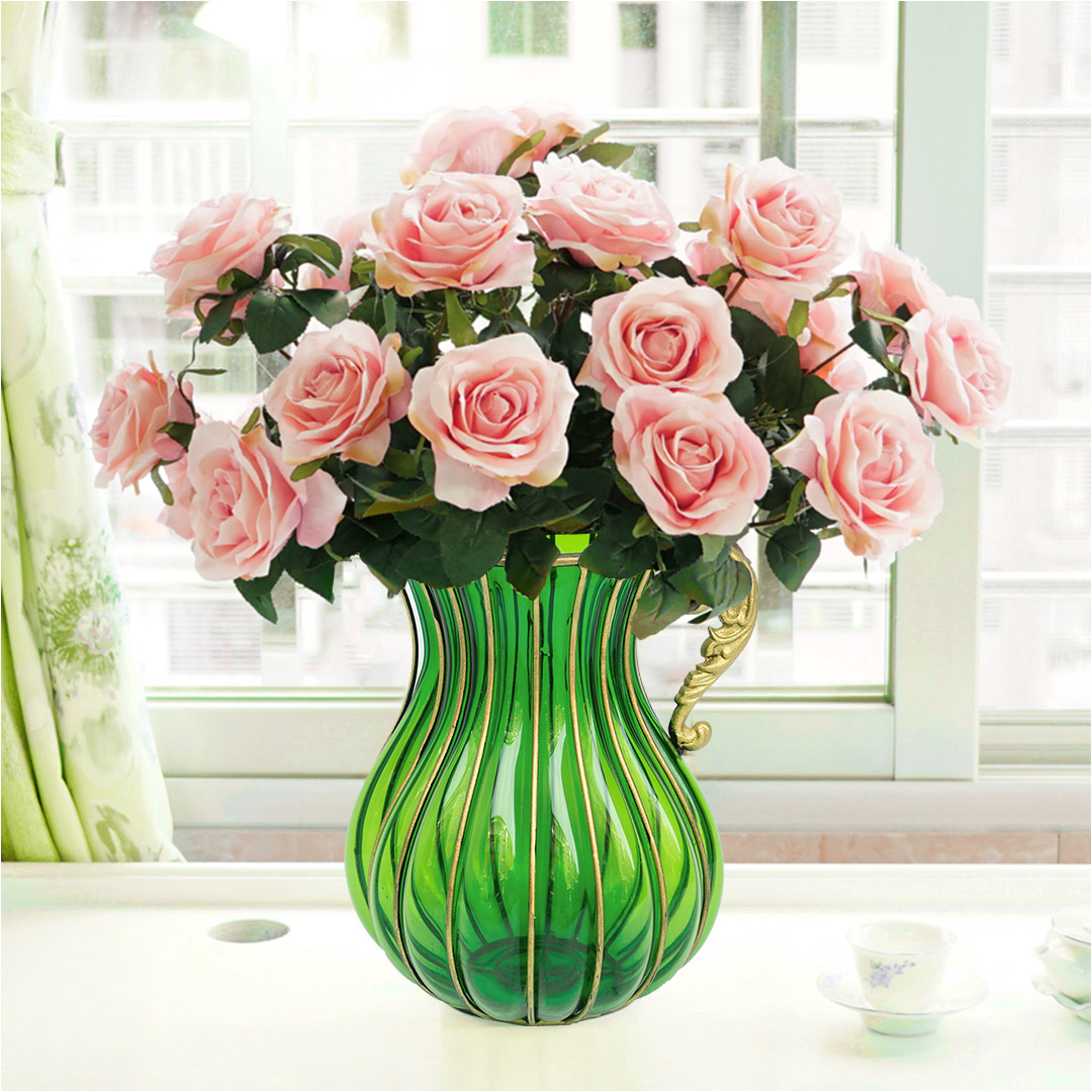 Soga Green Colored Glass Flower Vase With 4 Bunch 9 Heads Artificial Fake Silk Rose Home Decor Set, Home &Amp; Living, Home Decor, Vases, , ,  - Nz Depot 6