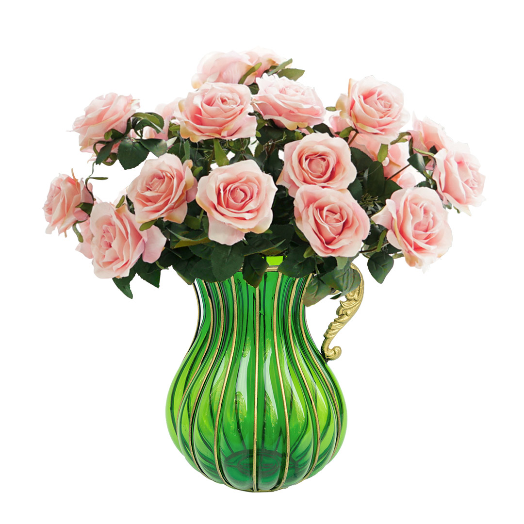 Soga Green Colored Glass Flower Vase With 4 Bunch 9 Heads Artificial Fake Silk Rose Home Decor Set, Home &Amp; Living, Home Decor, Vases, , ,  - Nz Depot 1