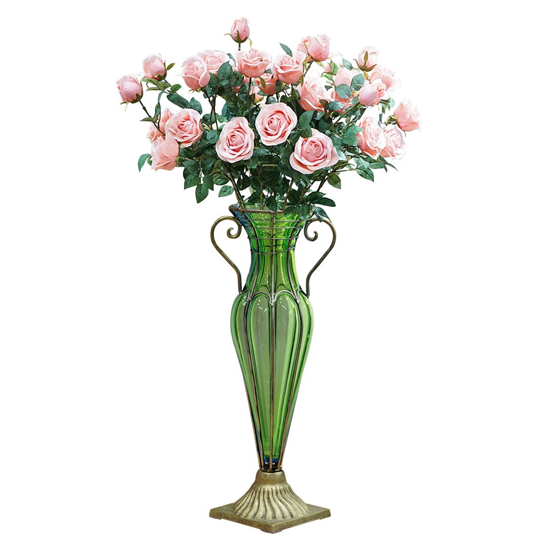 Soga Green Colored Glass Flower Vase With 8 Bunch 5 Heads Artificial Fake Silk Rose Home Decor Set, Home &Amp; Living, Home Decor, Vases, , ,  - Nz Depot 1