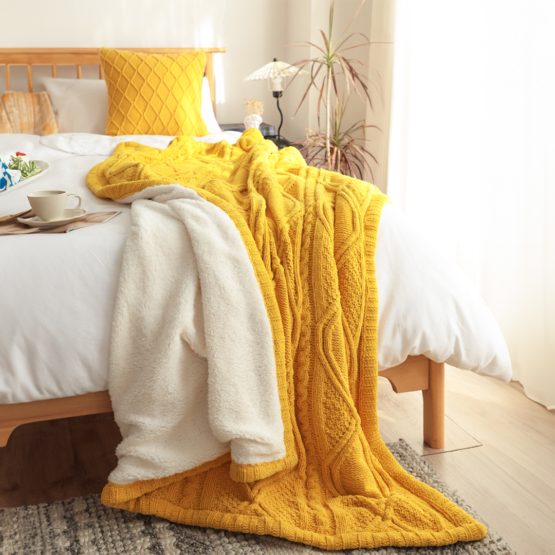 Soga 200X230Cm Throw Blanket Yellow And White Chenille Fleece Knitted Fabric On One Side Soft Suede, Home, Bed Linen, Throws And Blankets, Blankets, ,  - Nz Depot 2