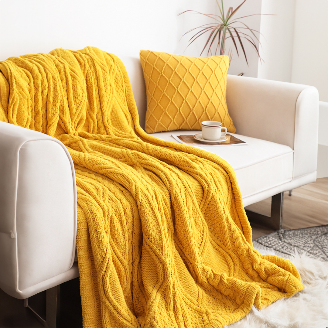 Soga 200X230Cm Throw Blanket Yellow And White Chenille Fleece Knitted Fabric On One Side Soft Suede, Home, Bed Linen, Throws And Blankets, Blankets, ,  - Nz Depot 4