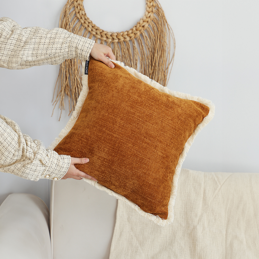 Soga 2X 45Cm Throw Pillow Sunset Orange Chenille Textured With Tassels Stylish Square Cozy Home Decor, Furniture, Living Room Furniture, Occasional Chairs, , ,  - Nz Depot 5