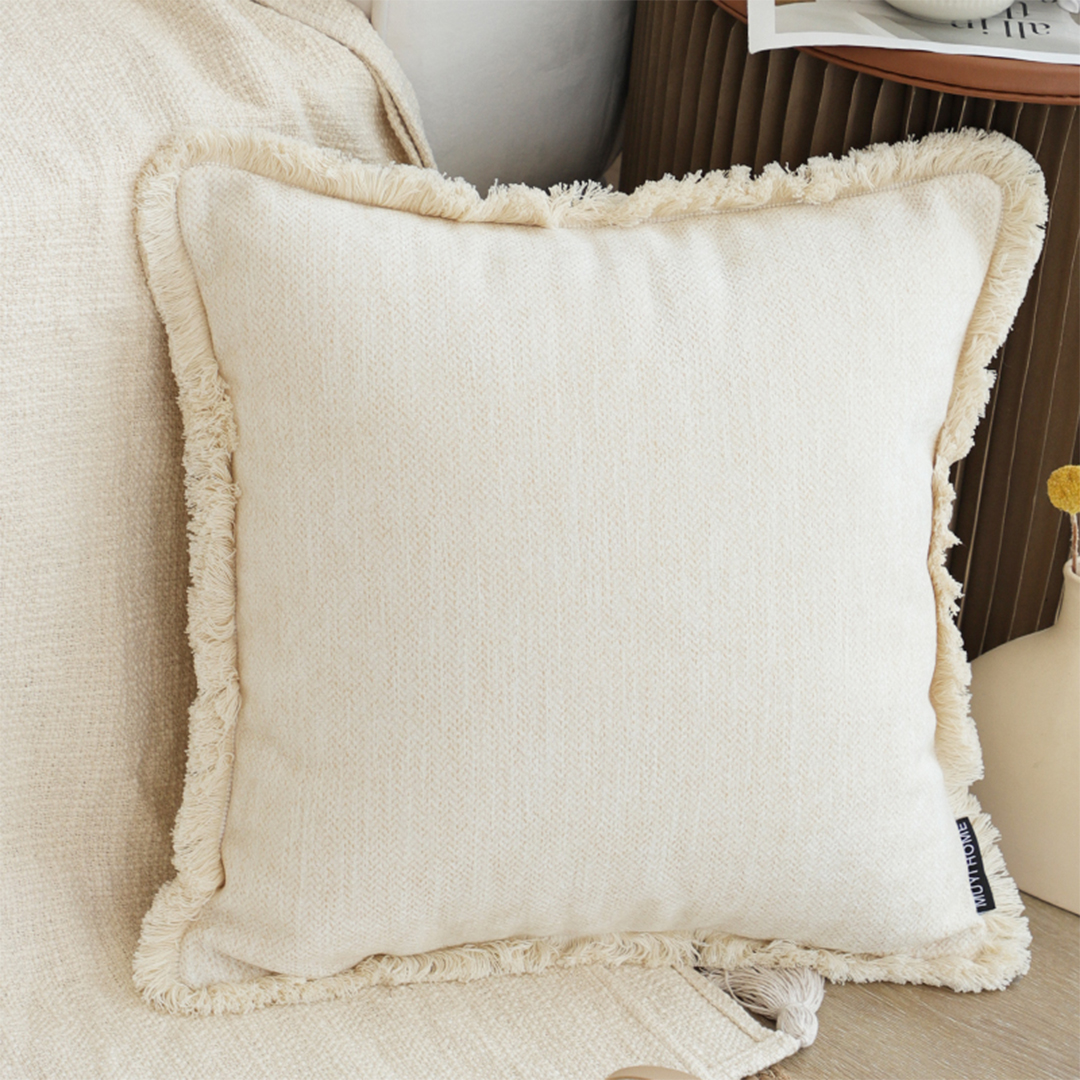 Soga 2X 45Cm Throw Pillow White Chenille Textured With Tassels Stylish Square Cozy Home Decor, Furniture, Living Room Furniture, Occasional Chairs, , ,  - Nz Depot 2