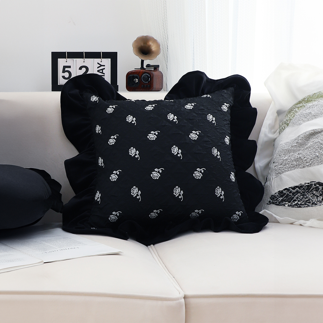 Soga 45Cm Throw Pillow Black Ruffled Square Decorative Cushion For Rose Lovers Cozy Home Decor, Furniture, Living Room Furniture, Occasional Chairs, , ,  - Nz Depot 7