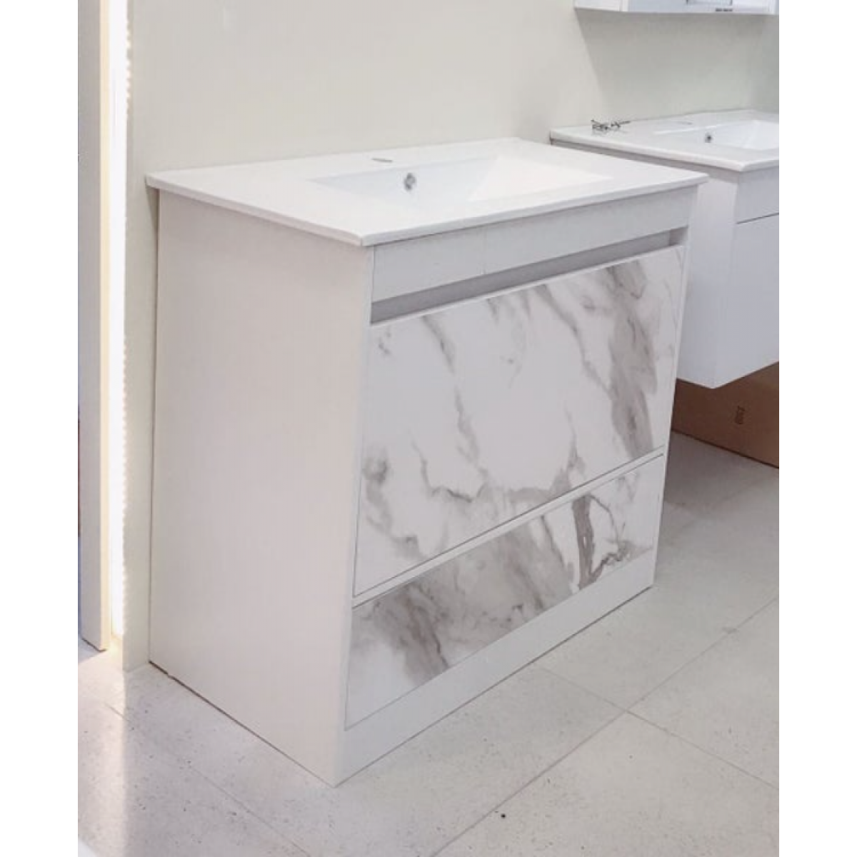 Vanity - Etham Series 1200Mm - White Marble Pattern, Freestanding - Square Basin - Nz Depot