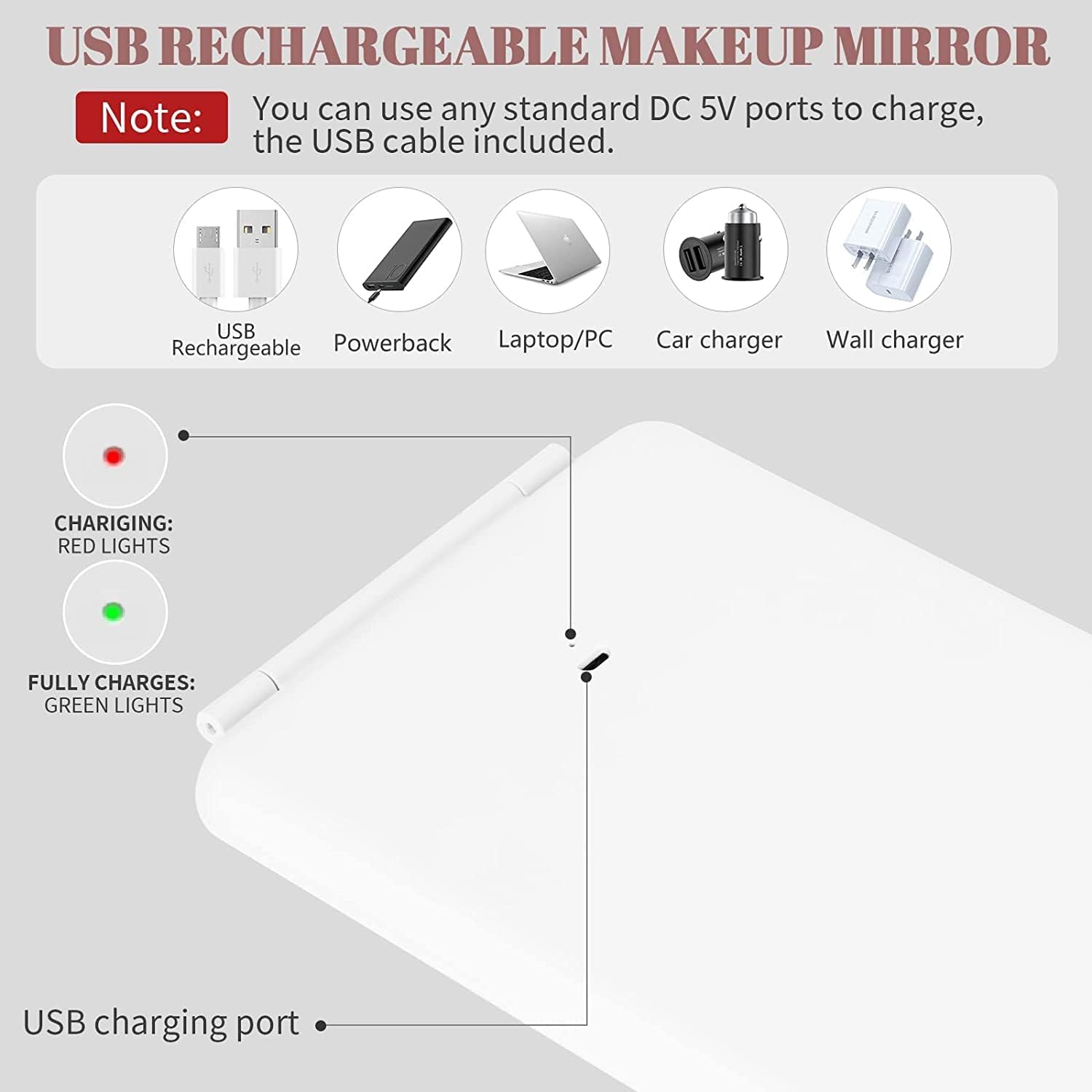 DS BS Travel Mirror Rechargeable Makeup Mirrors White PR11690 Mirrors NZ DEPOT 6