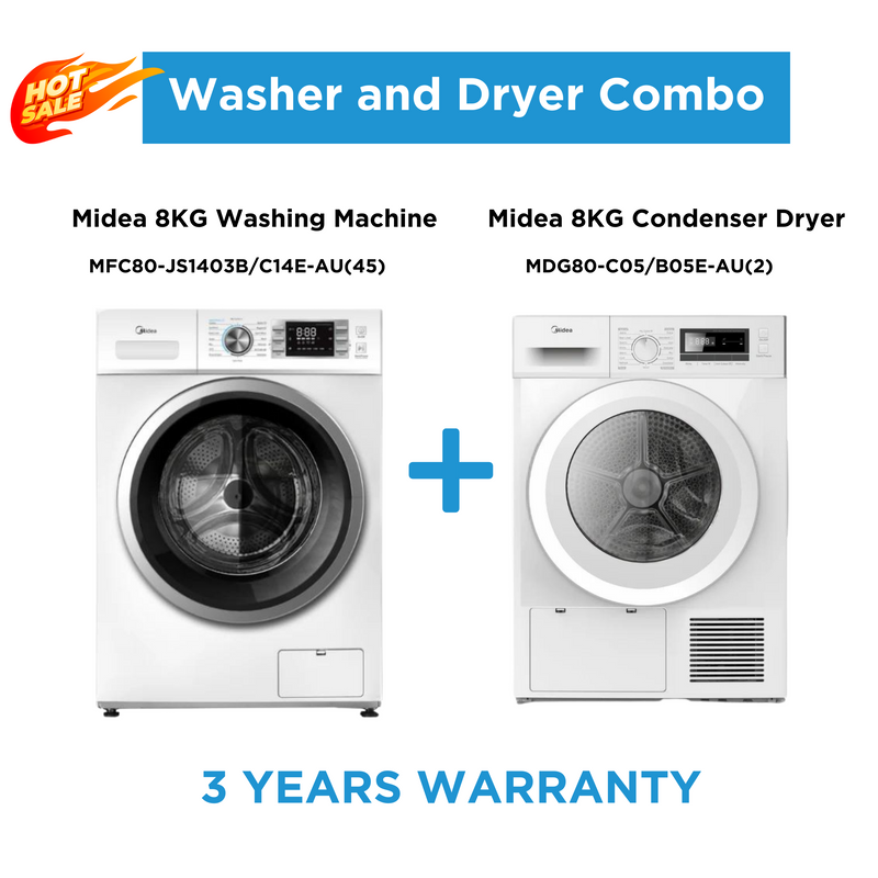 Midea 8Kg White Laundry Combo  - 8Kg Front Load Washing Machine + 8Kg Condenser Dryer - Combos - Mfc80-Js1403B/C14E-Au(45)+Mdg80-C05/B05E-Au(2)-1 - Nz Depot