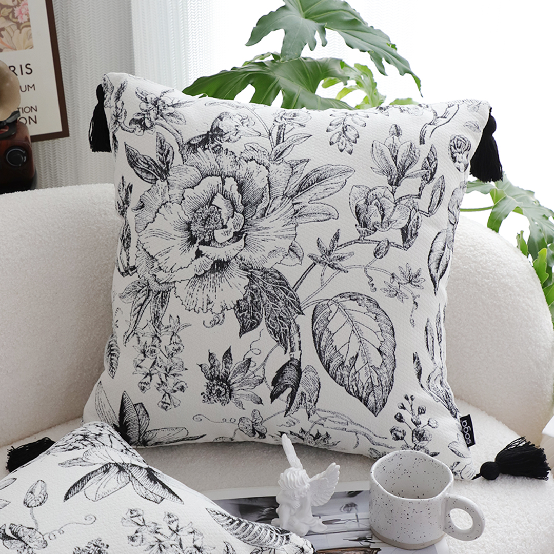 SOGA 2X 50cm Throw Pillow Black and White Elegant Floral Print with Tassel Accents Home Decor, Furniture, Living Room Furniture, Occasional Chairs, , ,  - NZ DEPOT 3