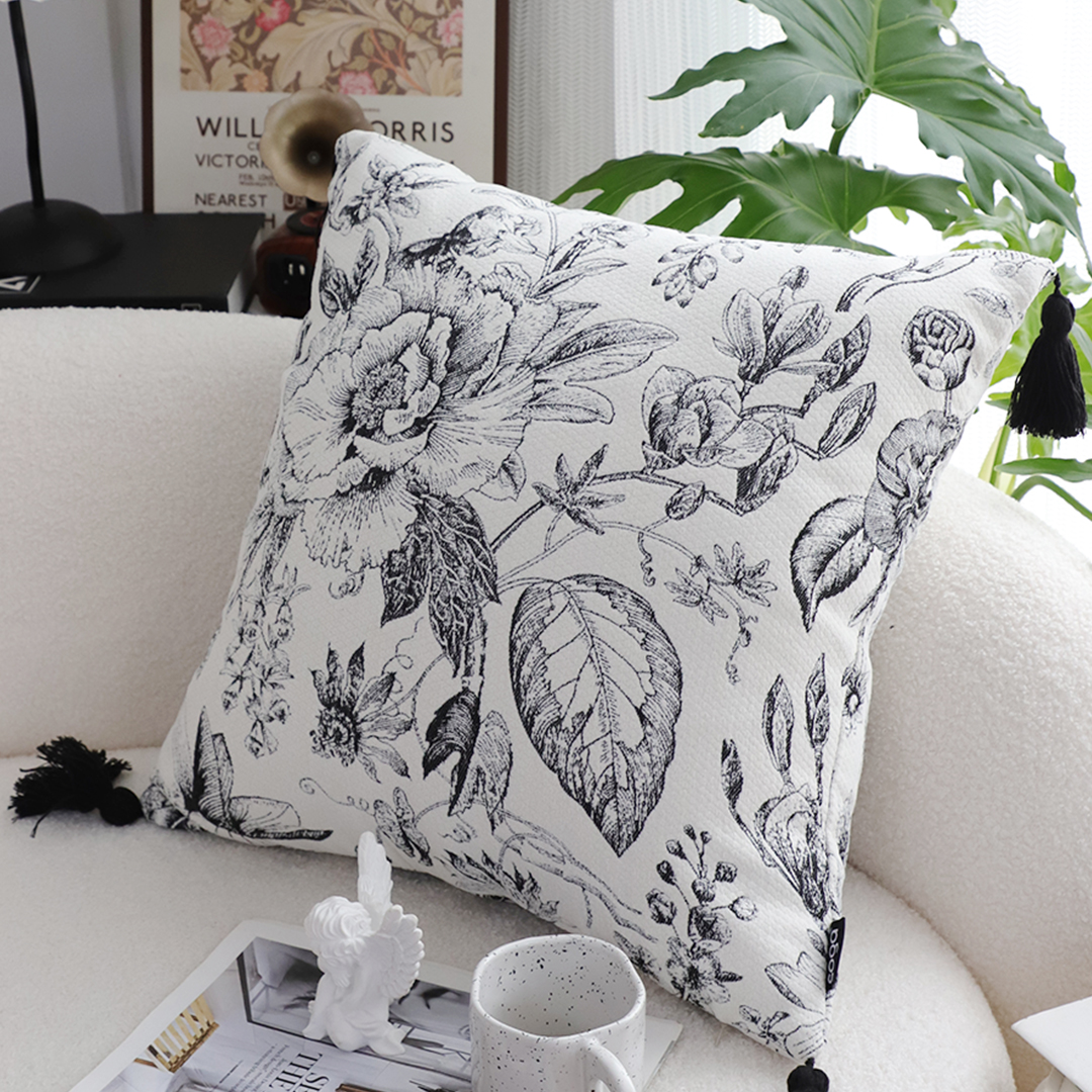 SOGA 2X 50cm Throw Pillow Black and White Elegant Floral Print with Tassel Accents Home Decor, Furniture, Living Room Furniture, Occasional Chairs, , ,  - NZ DEPOT 7