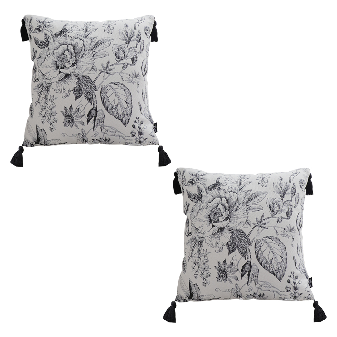 SOGA 2X 50cm Throw Pillow Black and White Elegant Floral Print with Tassel Accents Home Decor, Furniture, Living Room Furniture, Occasional Chairs, , ,  - NZ DEPOT 1