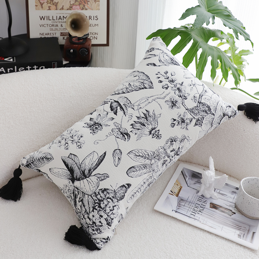 SOGA 35cm Throw Pillow Black and White Floral Print Elegant with Tassel Accents Home Decor, Furniture, Living Room Furniture, Occasional Chairs, , ,  - NZ DEPOT 6